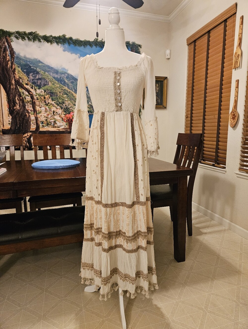 Bohemian Cream Maxi Dress with Lace Trim
